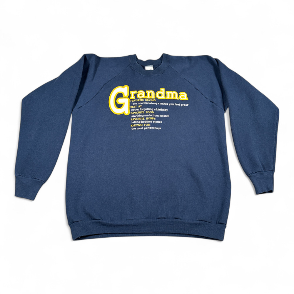 Vintage Grandma Sweater Adult LARGE Blue Quote Raglan Crew Neck USA Made 90s
